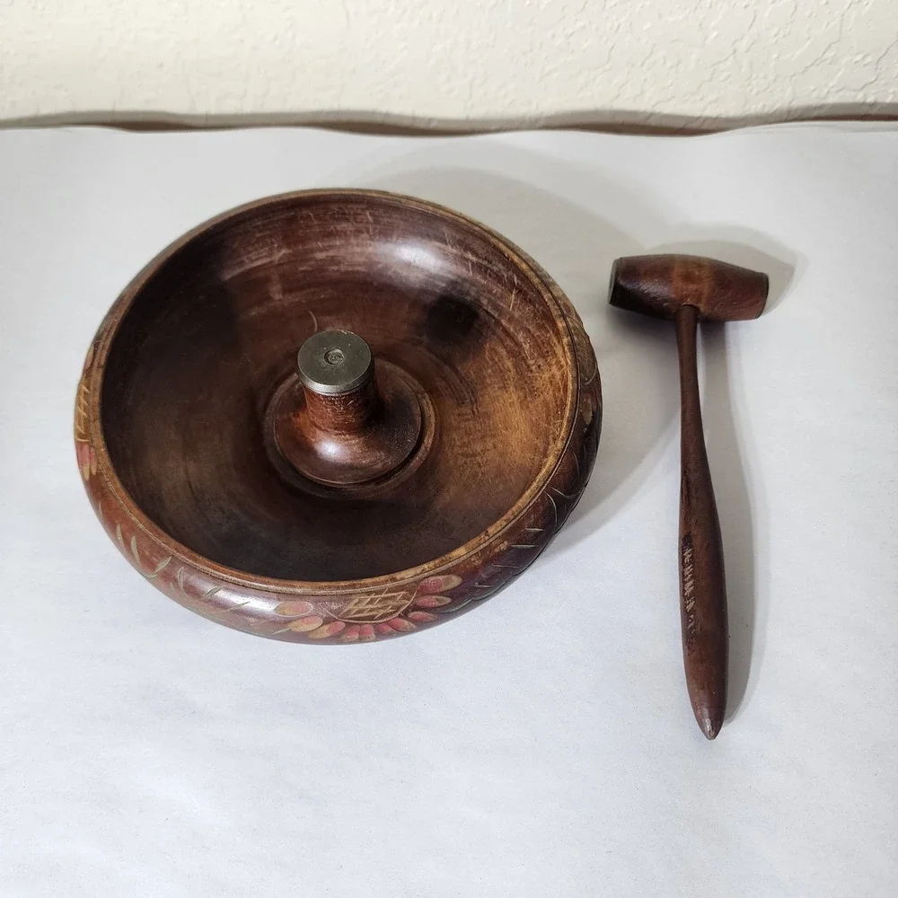 Vintage Hand Carved Wooden Nut Bowl Set with Mallet and Metal Anvil India Floral